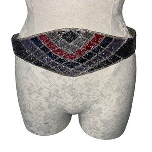 Vintage Belt Womens One Size OSFM Beaded Silver Multicolor Hook Loop Closure
